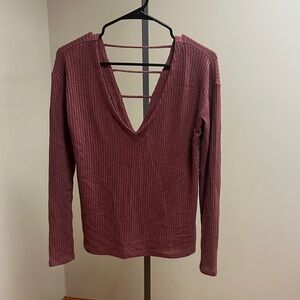 Express V-Neck Ribbed Long Sleeve Top - Maroon